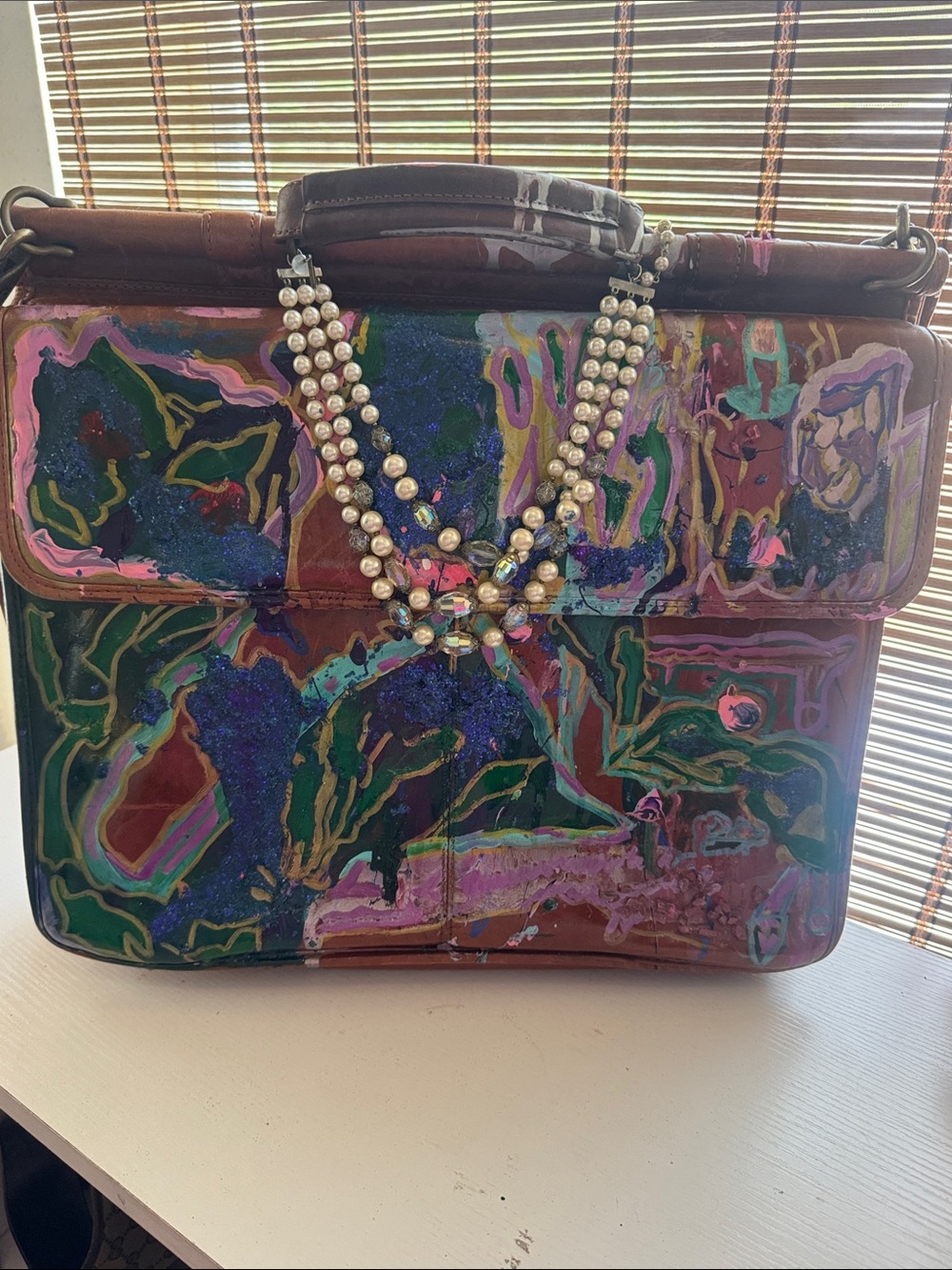 Vintage hand painted genuine leather briefcase bag.